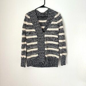 Eddie Bauer Cardigan Women’s M Gray Striped V-Neck Full Zip Knit Sweater